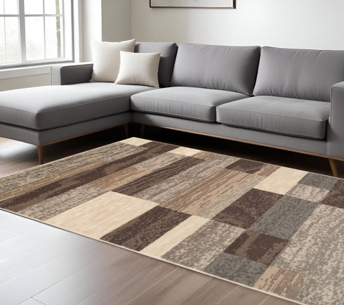 12' Beige Slate Gray And Brown Patchwork Runner Rug